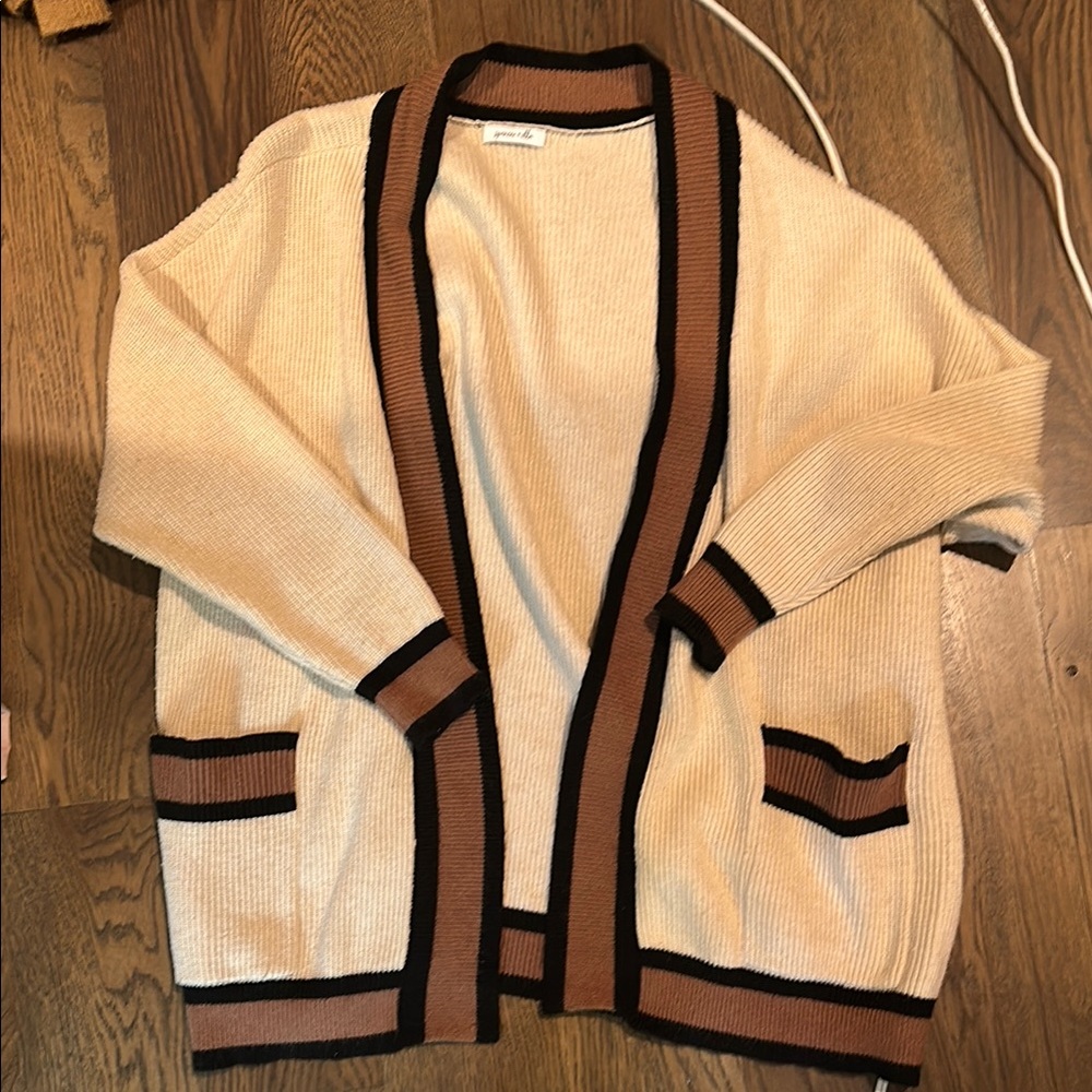 Cream and Brown Open Front Cardigan